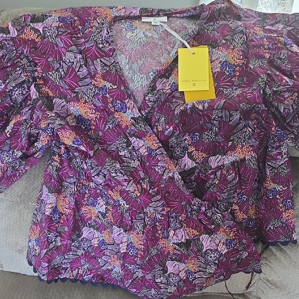 Kika Vargas Purple Pink Wrap Blouse with Ruffled 3/4 Sleeves